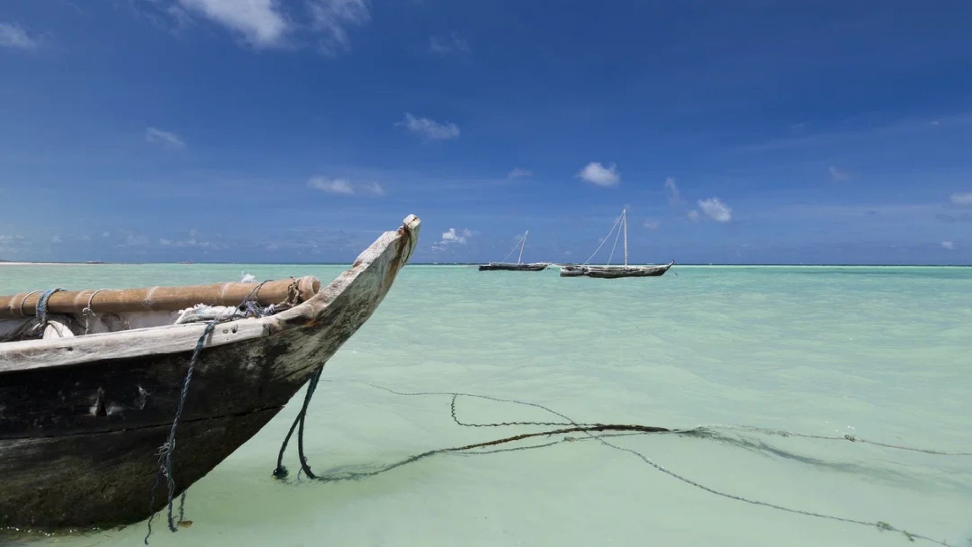 Traditionell träbåt i turkosblått vatten i Mombasa
